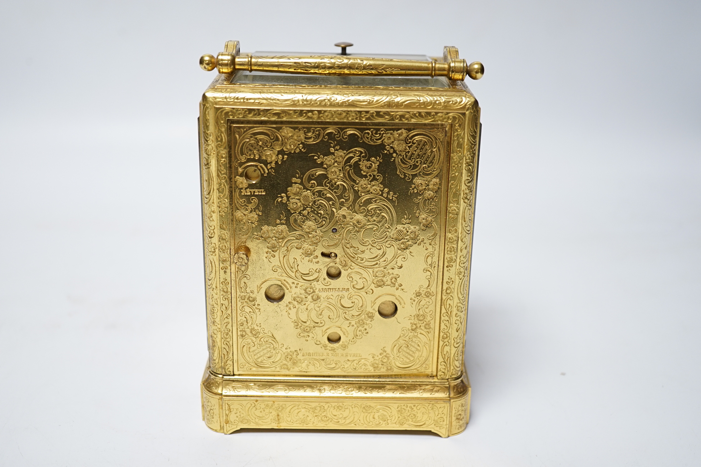 An ornate 19th century French repeating carriage clock with alarm, signed Dent a Paris, 13.5cm high